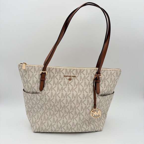Michael Kors Handbags - Michael Kors Charlotte Large Top Zip Tote Bag Vanilla Acorn Logo Print Gold Tone